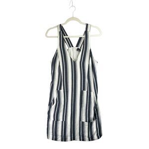 ASTR Sundress Jumper Pockets Casual Sleeveless Striped V-neck Gray White Size M‎